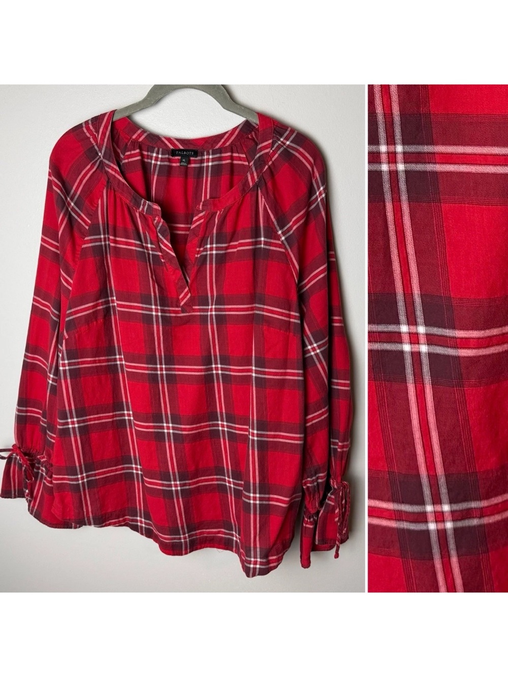 Talbots Blouse Size XL Top Red White Plaid Split Neck Tie Cuff Long Sleeves